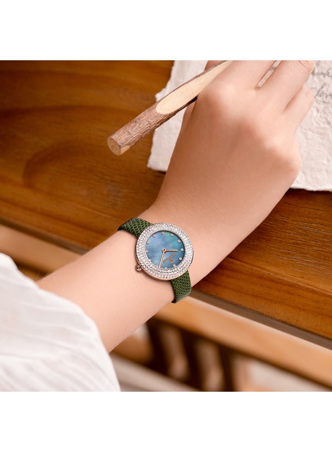 Mark Fairwhale Luxury Diamond-Accented Women's Quartz Watch | Stainless Steel Case, Green Genuine Leather Strap, Water Resistant | Round Dial - Image 4