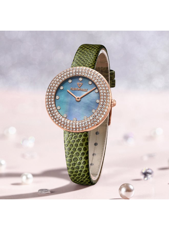 Mark Fairwhale Luxury Diamond-Accented Women's Quartz Watch | Stainless Steel Case, Green Genuine Leather Strap, Water Resistant | Round Dial - Image 2