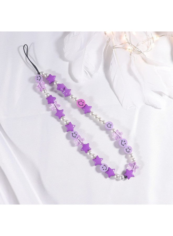 Cehim Phone Charm Lanyard, 1Pcs Smiley Face Beaded Phone Charm Strap Colorful Star Smiley Soft Ceramic Keychain for Women Girls (Purple) - Image 3