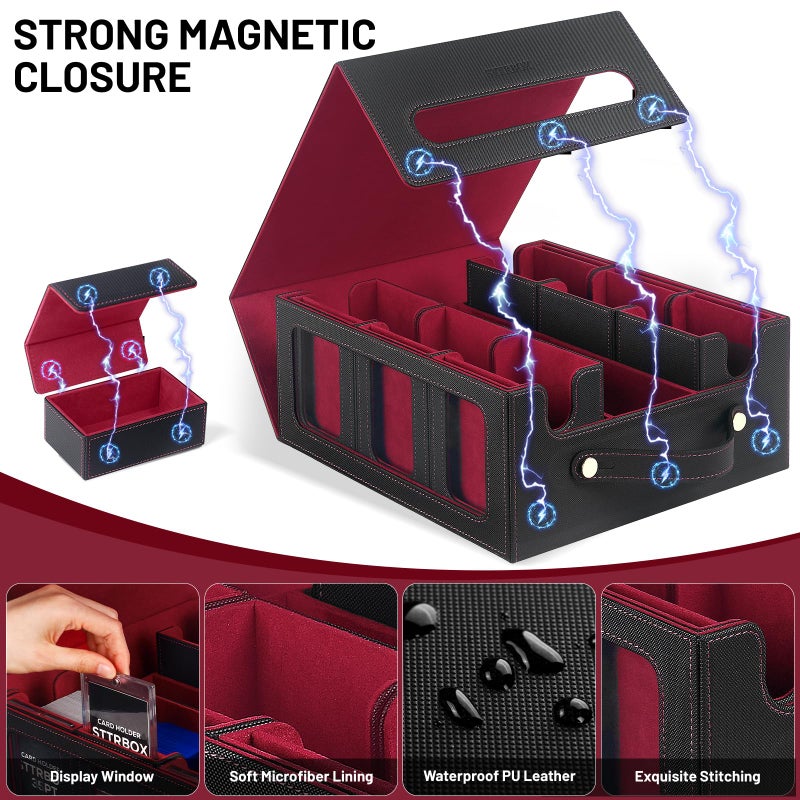 STTRBOX صندوق بطاقات STTRBOX Commander مع مقبض، صندوق تخزين بطاقات تداول لـ MTG&TCG. صندوق بطاقات MTG 7 في 1 مع 6 حوامل علوية، 6 سدادات، 10 فواصل ملونة. (أسود وأحمر، 7 في 1) - Image 4