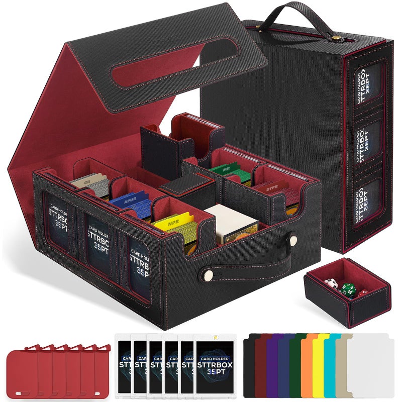STTRBOX صندوق بطاقات STTRBOX Commander مع مقبض، صندوق تخزين بطاقات تداول لـ MTG&TCG. صندوق بطاقات MTG 7 في 1 مع 6 حوامل علوية، 6 سدادات، 10 فواصل ملونة. (أسود وأحمر، 7 في 1) - Image 1