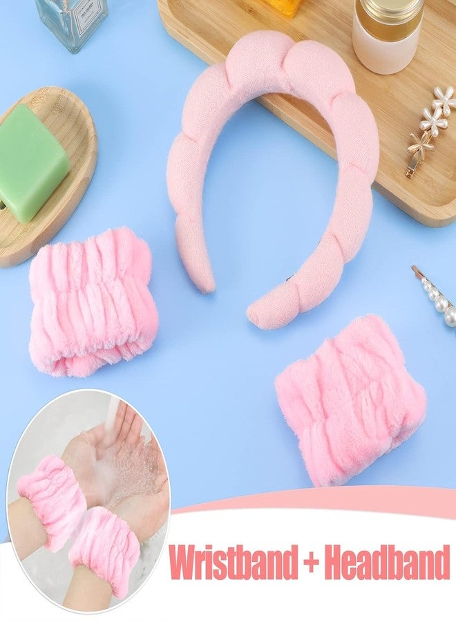 CORSULA Women 1Pcs Facial Spa Headband 2Pcs Wristband Combo Set, Pink Makeup Headband And Wrist Washband Set For Face Washing, Skincare, Shower, Makeup Removal - Image 5