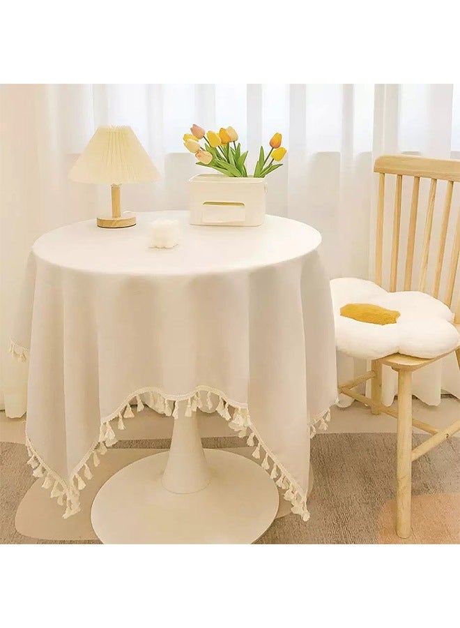 Tassel Cotton Linen Tablecloth Small Fresh Desk Decorative Cloth Round Table Tea Table Cloth White 140 x 140cm 