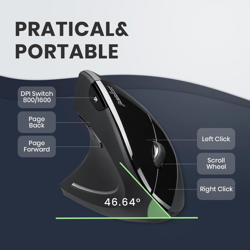 Perixx PERIMICE-713L, Wireless Ergonomic Left Handed Vertical Mouse, 6 Buttons Design, 3 Level DPI, Black, Medium - Image 3