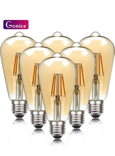 6pcs Old Fashioned Edison E27 4W LED Long Filament Light Bulb Lamp Vintage LED Light Bulbs with Retro Coated Glass Lamp Shade Replace 40W Incandescent Light Bulb