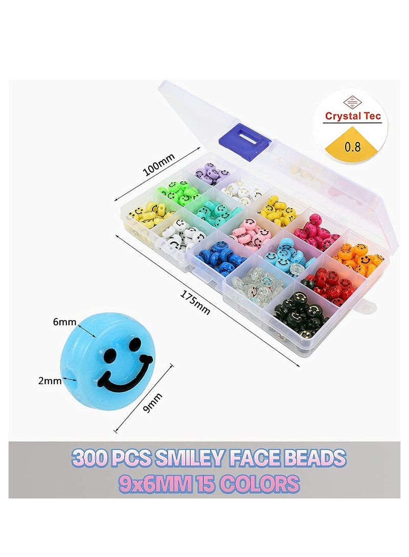 Excefore Smiley Face Beads Kit, 300 Pcs 15 Colors Mixed Smiley Heishi Preppy Flat Round Beads with Crystal String, for Jewelry Making Bracelet Earring Necklace DIY Craft Supplies Hair Accessories - Image 2