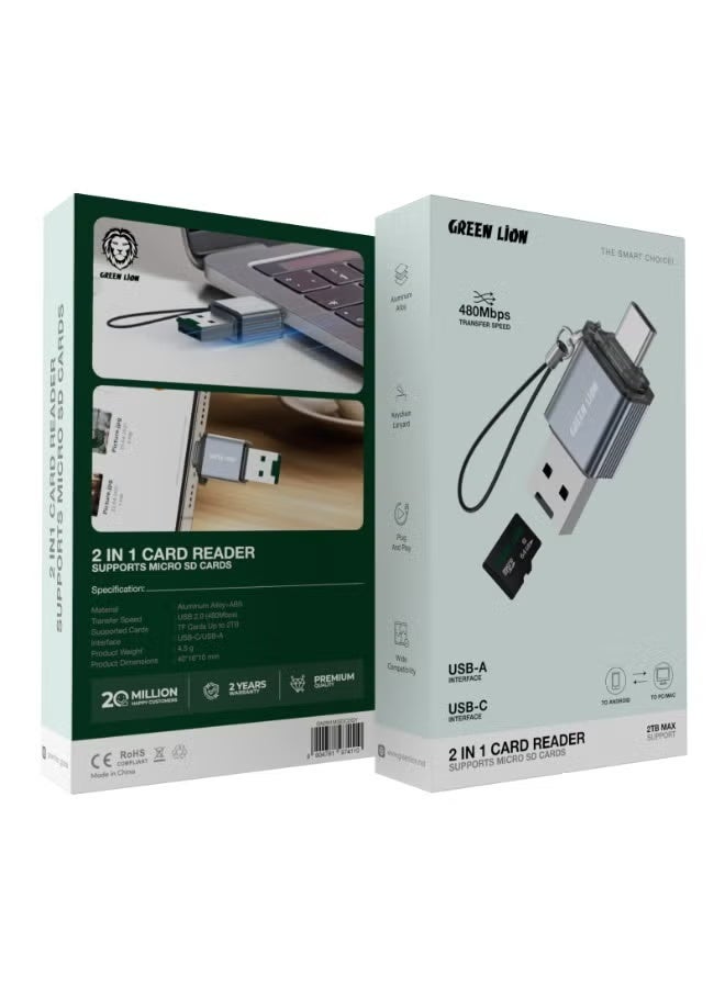 Green Lion 2-in-1 Card Reader USB-A & USB-C for Micro SD / TF Cards, 480Mbps Transfer Speed, Plug & Play, Aluminum Alloy, Up to 2TB – Grey - Image 5