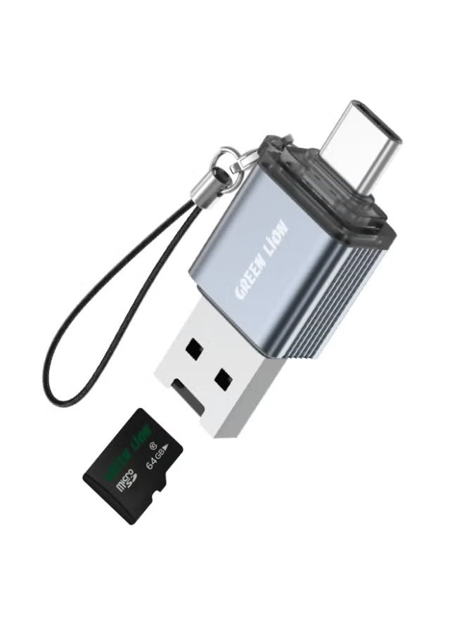 Green Lion 2-in-1 Card Reader USB-A & USB-C for Micro SD / TF Cards, 480Mbps Transfer Speed, Plug & Play, Aluminum Alloy, Up to 2TB – Grey - Image 1