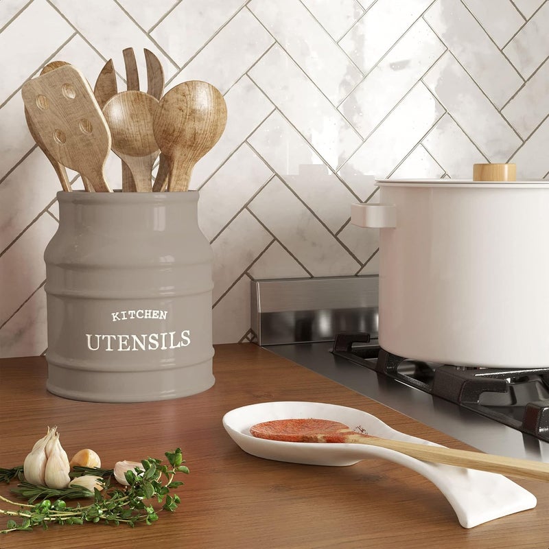 BARNYARD DESIGNS Ceramic Utensil Crock Holder for Kitchen Counter, Rustic Farmhouse Countertop Decor, French Country Organizer for Cooking Utensils, Spatulas and Mixing Spoons, Taupe, 6ââ‚¬Â x 6.75" - Image 4
