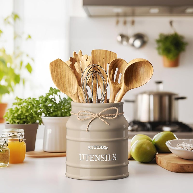 BARNYARD DESIGNS Ceramic Utensil Crock Holder for Kitchen Counter, Rustic Farmhouse Countertop Decor, French Country Organizer for Cooking Utensils, Spatulas and Mixing Spoons, Taupe, 6ââ‚¬Â x 6.75" - Image 2