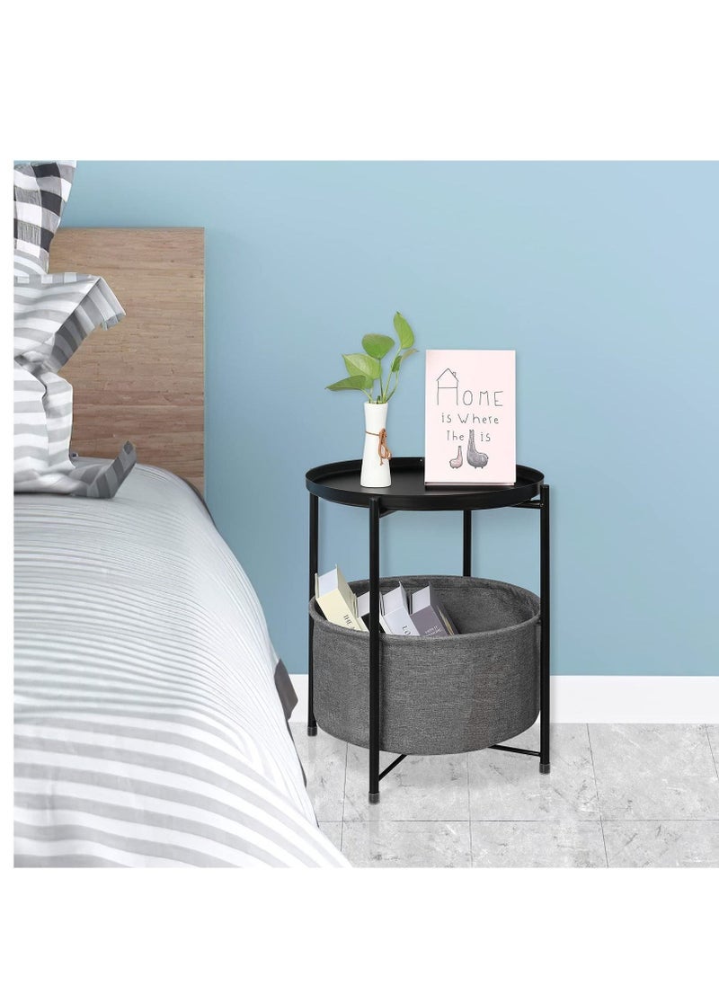 MIXDE Folding End Table 2-Tier Metal Round Side Table with Removable Tray for Living Room  - Image 5