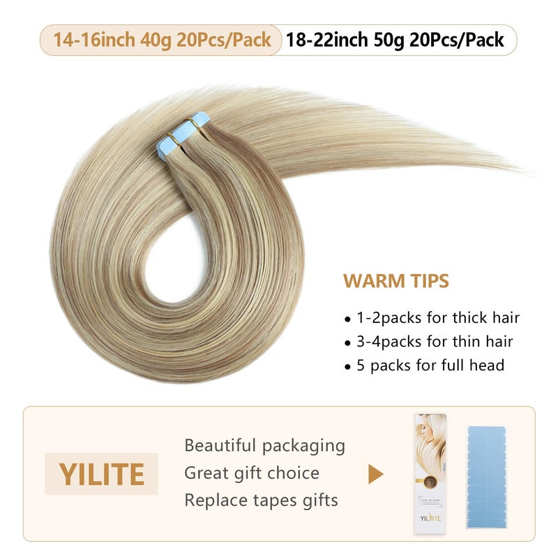 YILITE Blonde Tape in Hair Extensions 16Inch Tape in Real Hair Extensions Highlight 18 Ash Blonde Mix 613 Blonde Real Human Hair Double Side Tape ins 40g 20PCS Remy Tape in Extensions(16 inch P18/613) - Image 4