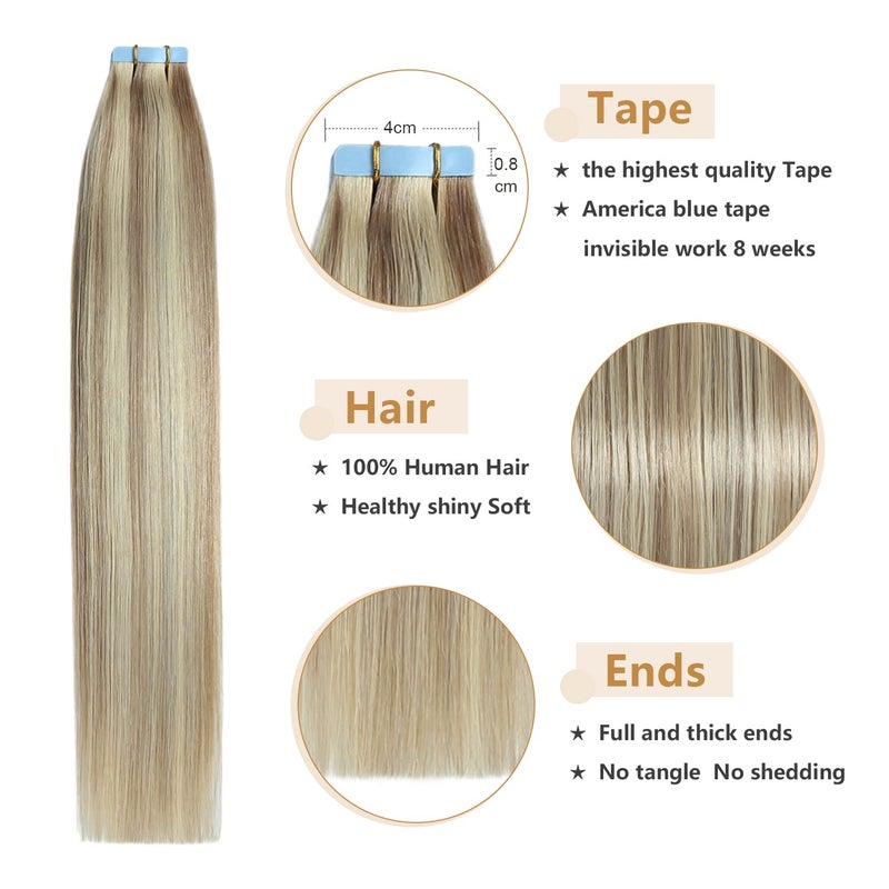 YILITE Blonde Tape in Hair Extensions 16Inch Tape in Real Hair Extensions Highlight 18 Ash Blonde Mix 613 Blonde Real Human Hair Double Side Tape ins 40g 20PCS Remy Tape in Extensions(16 inch P18/613) - Image 3