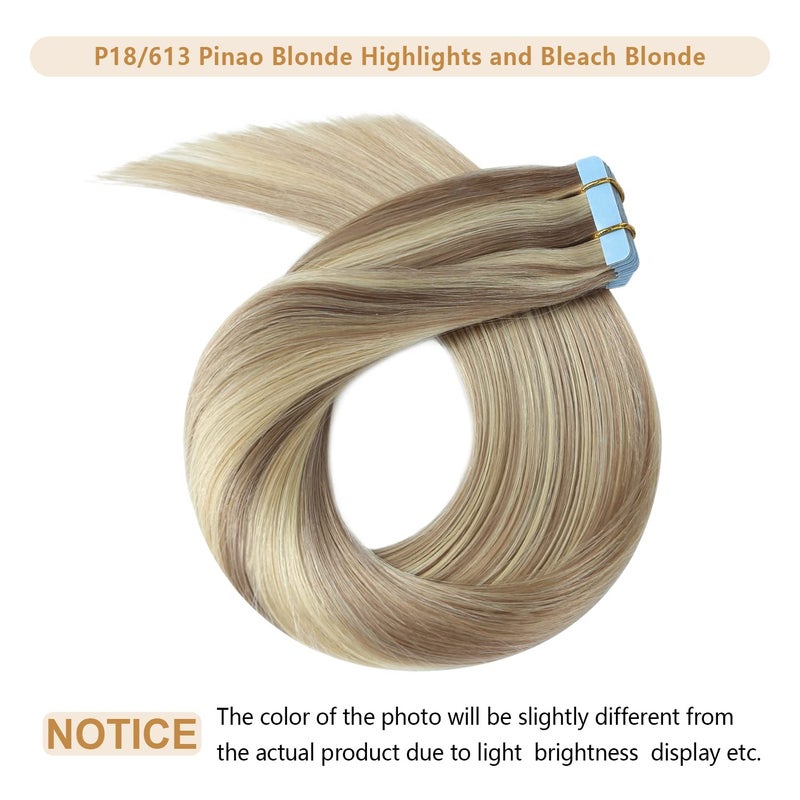 YILITE Blonde Tape in Hair Extensions 16Inch Tape in Real Hair Extensions Highlight 18 Ash Blonde Mix 613 Blonde Real Human Hair Double Side Tape ins 40g 20PCS Remy Tape in Extensions(16 inch P18/613) - Image 2
