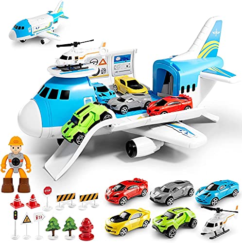 LOVE LIFE Airplane Toy Set Transport Cargo Plane Play Toy Gift for 3 4 5 6 Years Old Boys Girls KidsAircraft Vehicle Toys with 5 Mini CarsHelicopter and Construction Worker - Image 1