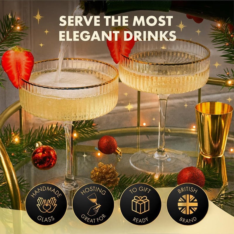 VEMACITY - Ribbed Espresso Martini Glasses Set of 4 with Gold Rims - Vintage Cocktail Glasses for Margaritas, Champagne and More - Includes Jigger & Bar Spoon | Ideal for Christmas & New Years - Image 2