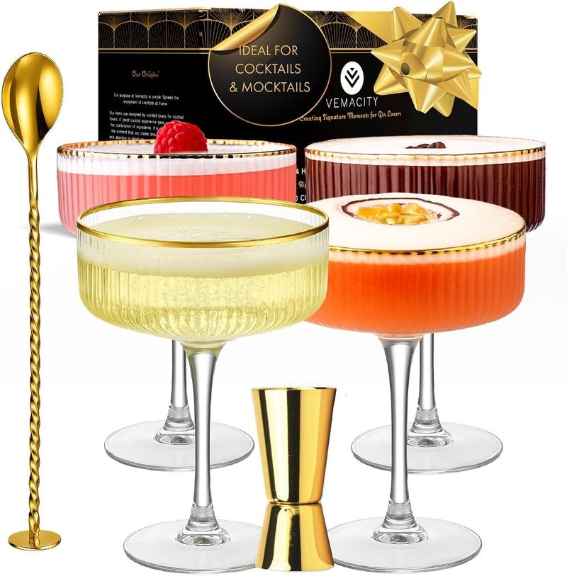 VEMACITY - Ribbed Espresso Martini Glasses Set of 4 with Gold Rims - Vintage Cocktail Glasses for Margaritas, Champagne and More - Includes Jigger & Bar Spoon | Ideal for Christmas & New Years - Image 1