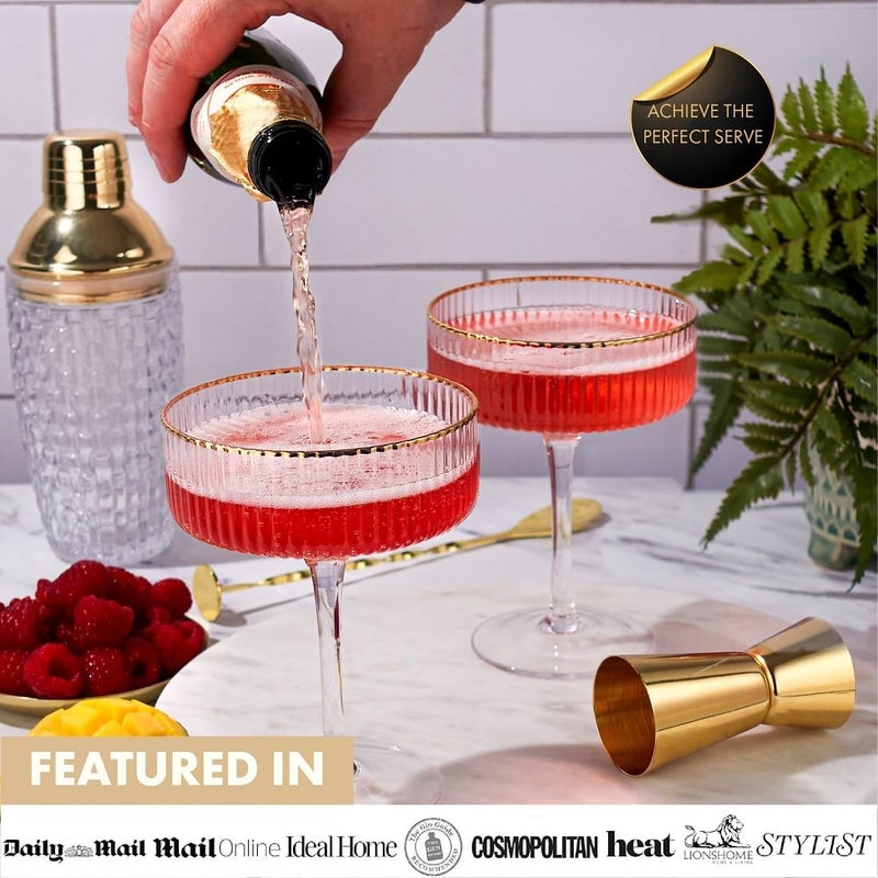 VEMACITY - Ribbed Espresso Martini Glasses Set of 4 with Gold Rims - Vintage Cocktail Glasses for Margaritas, Champagne and More - Includes Jigger & Bar Spoon | Ideal for Christmas & New Years - Image 4
