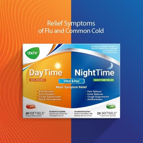 AXIV Day  Night Cold  Flu Medicine Combo Pack Softgels Daytime  Nighttime Relief for Headache Fever Sore Throat Minor Aches  Pains  Cough 48 Softgels - Image 3