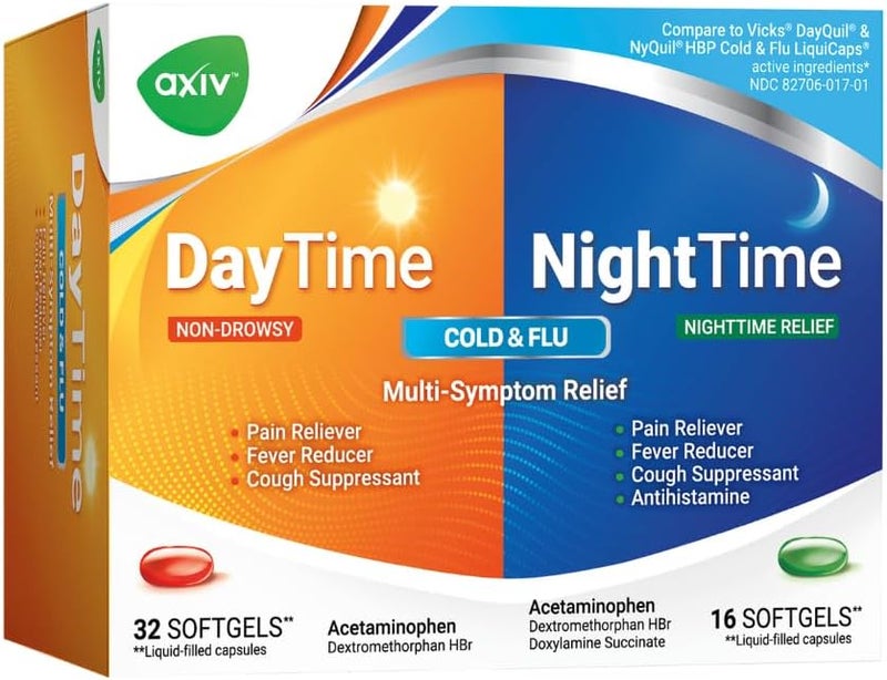 AXIV Day  Night Cold  Flu Medicine Combo Pack Softgels Daytime  Nighttime Relief for Headache Fever Sore Throat Minor Aches  Pains  Cough 48 Softgels - Image 1