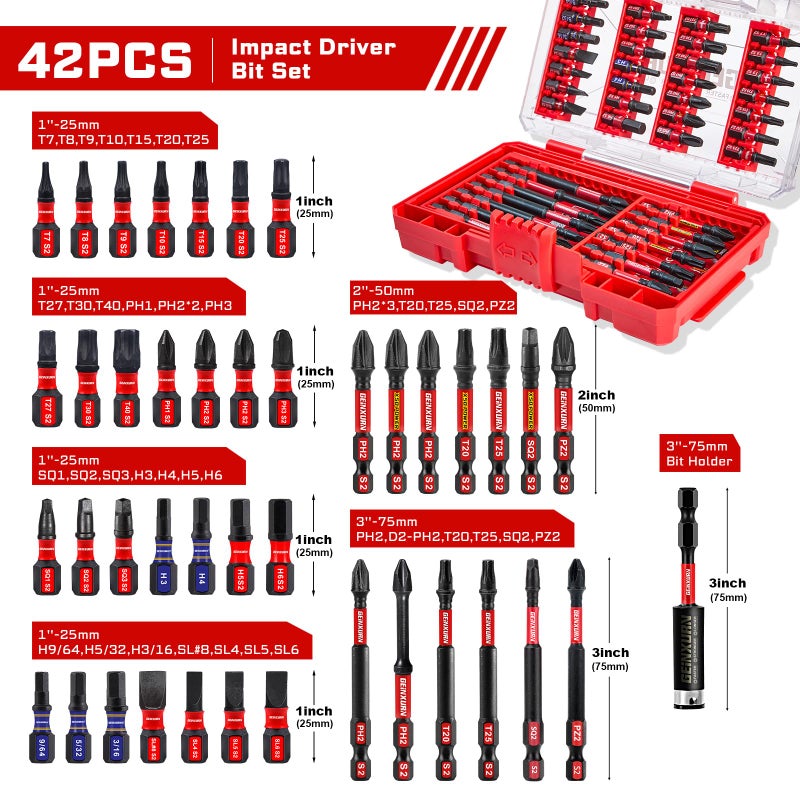 Geinxurn 42Pieces Impact Screwdriver Bits Set, Magnetic S2 Steel Phillips/Slotted/Square/Torx Insert Power Bits Tips, Impact Bit Holder with Red Storage Box Case - Image 2