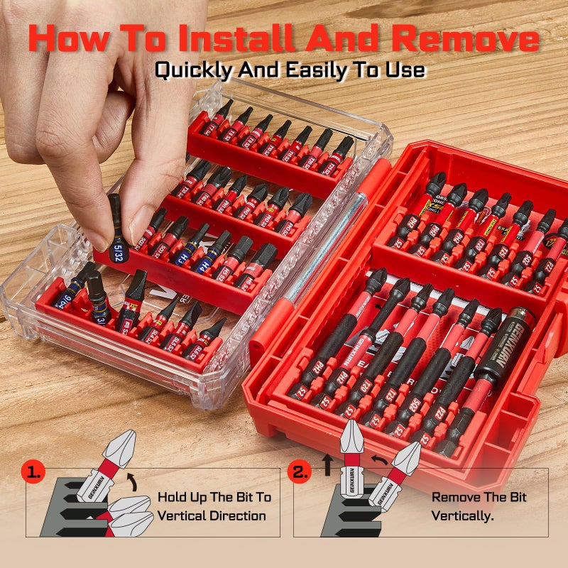 Geinxurn 42Pieces Impact Screwdriver Bits Set, Magnetic S2 Steel Phillips/Slotted/Square/Torx Insert Power Bits Tips, Impact Bit Holder with Red Storage Box Case - Image 4