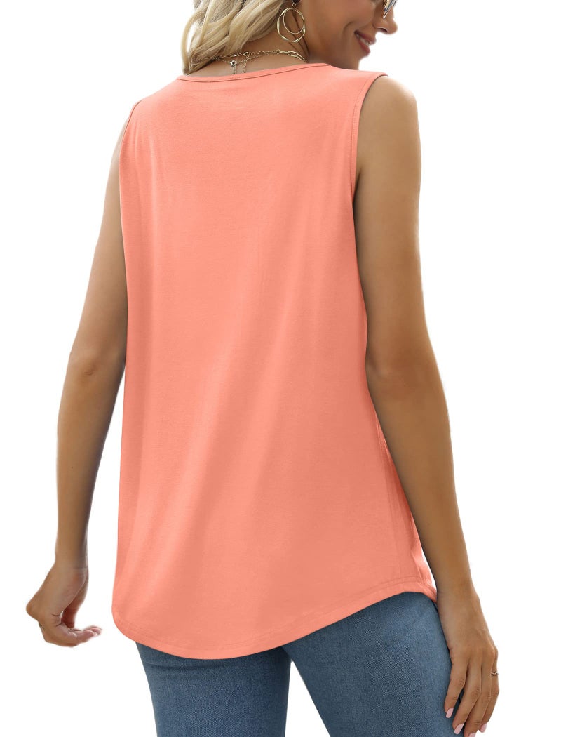 Saloogoe Womens Summer Tops Loose Pleated Tanks 2026 Trendy Spring Clothes Curved Hem Coral L - Image 4