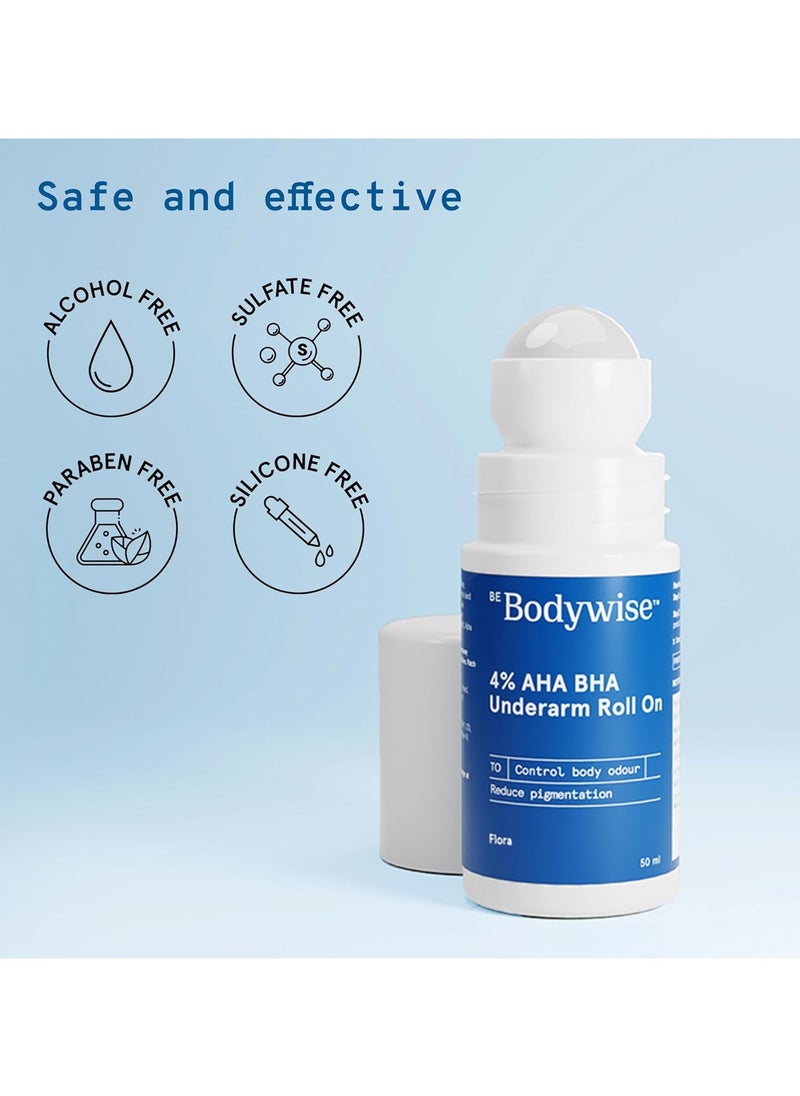 Be Bodywise - Deodorant 4 Percent AHA BHA UnderArm Roll on 2 Percent Lactic Acid 1 Percent Mandelic Acid 1 Percent Salicylic acid Prevents Body Odour Pigmentation Kills Bacteria for Radiant Underarm Long Lasting 50ml - Image 1