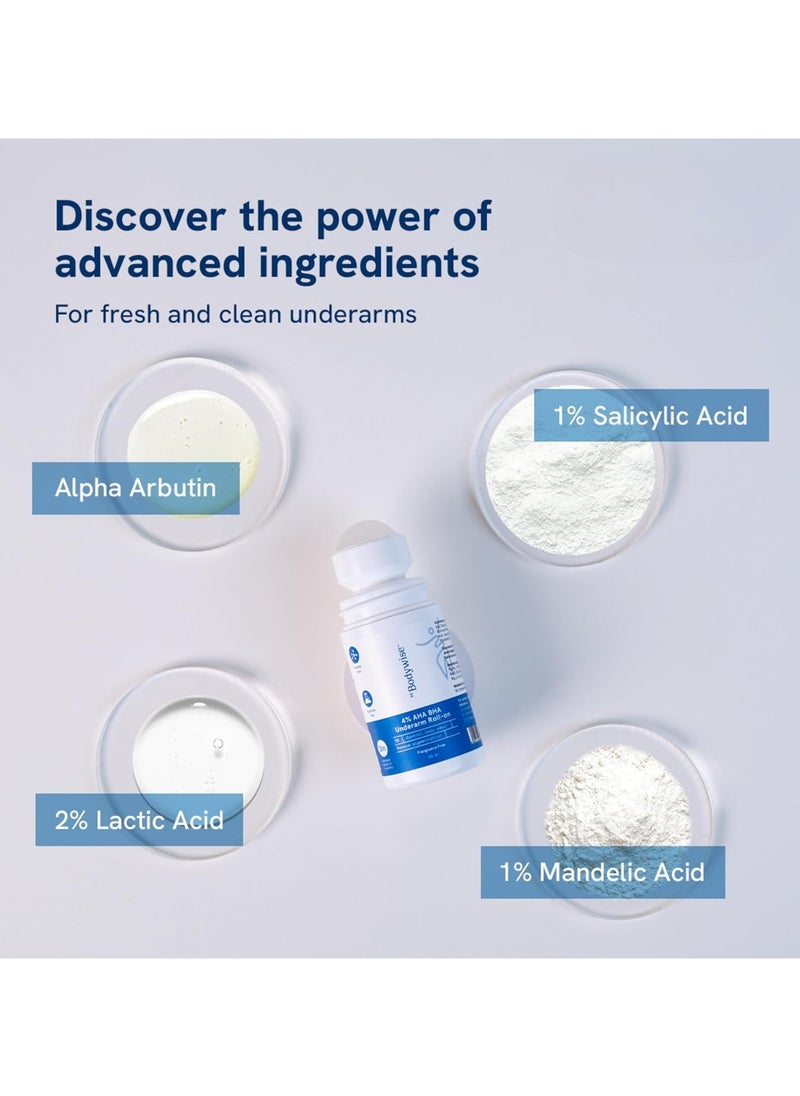 Be Bodywise - Deodorant 4 Percent AHA BHA UnderArm Roll on 2 Percent Lactic Acid 1 Percent Mandelic Acid 1 Percent Salicylic acid Prevents Body Odour Pigmentation Kills Bacteria for Radiant Underarm Long Lasting 50ml - Image 1