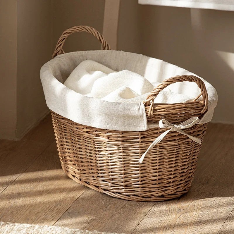Y&D Vintage Willow Woven Laundry Basket - Dirty Clothes Casket Rattan Storage - Handmade Rural Retro Pastoral Hand-held Hamper - Image 2