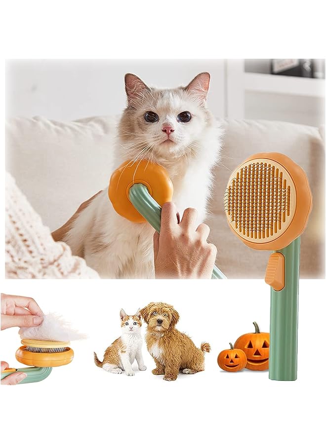 Excefore Pet Self Cleaning Slicker Brush, Cat Massage Comb With Button And Soft Bent Pain-Free Bristles For Shedding And Grooming, Removes Loose Undercoat Gently Tool For Dogs Cats Puppy Rabbit - Pumpkin Color - Image 1