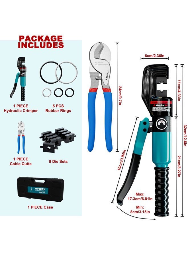 Tivorex Hydraulic Crimping Tool and Cable Cutter, 12 AWG to 00 (2/0), 10 Tons Electrical Terminal Cable Wire Tool Kit with 9 Die Sets - Image 2