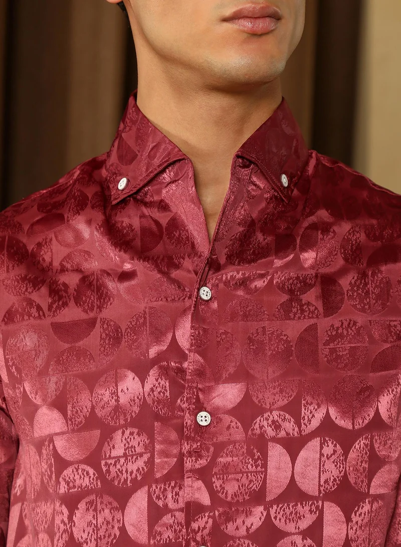 CAHOOT  Men's Wine Red Semicurve-Jacquard Satin Shirt for Men | Best Price UAE