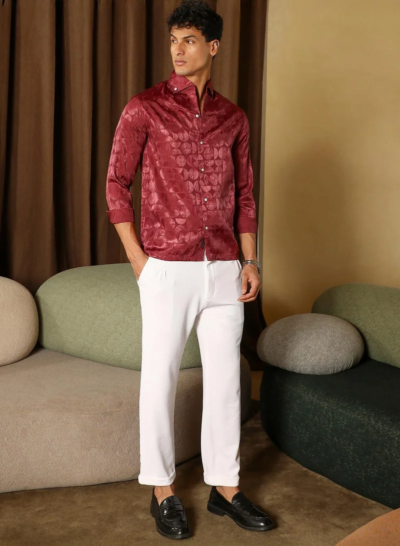 CAHOOT  Men's Wine Red Semicurve-Jacquard Satin Shirt for Men | Best Price UAE