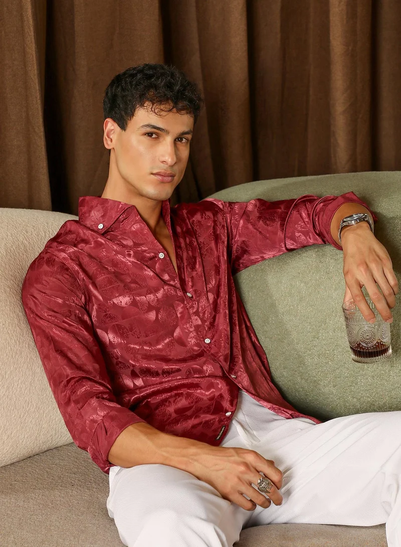 CAHOOT  Men's Wine Red Semicurve-Jacquard Satin Shirt for Men | Best Price UAE