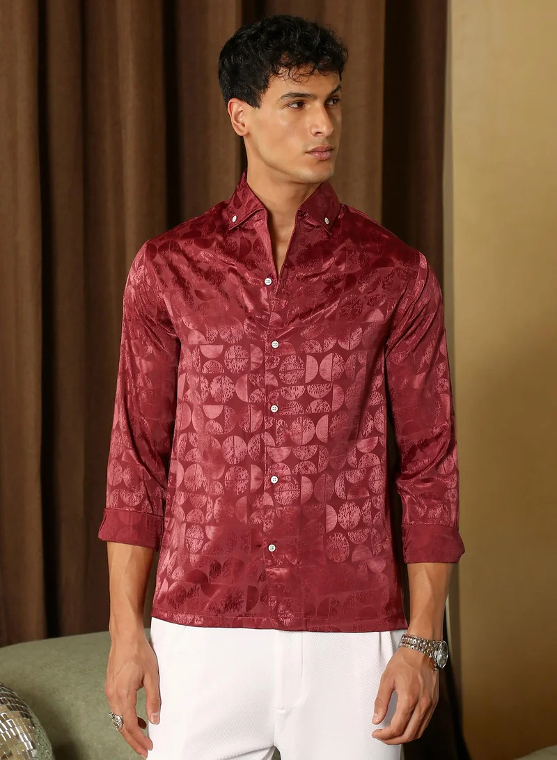 Men's Wine Red Semicurve-Jacquard Satin Shirt