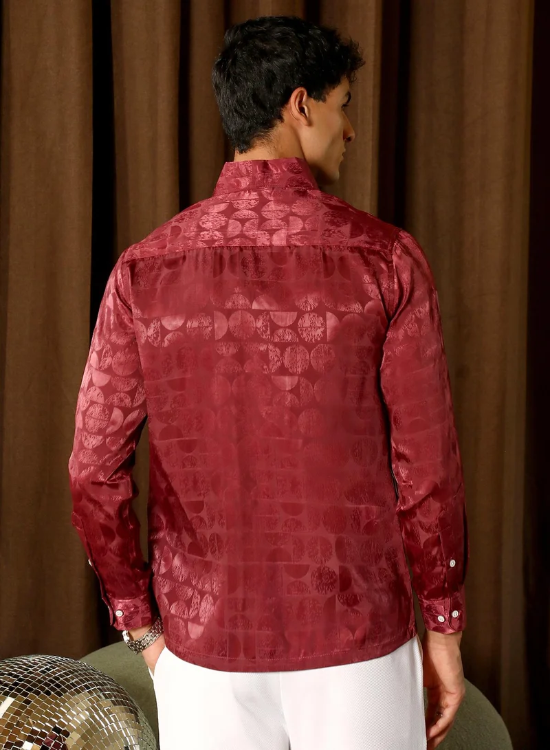CAHOOT  Men's Wine Red Semicurve-Jacquard Satin Shirt for Men | Best Price UAE