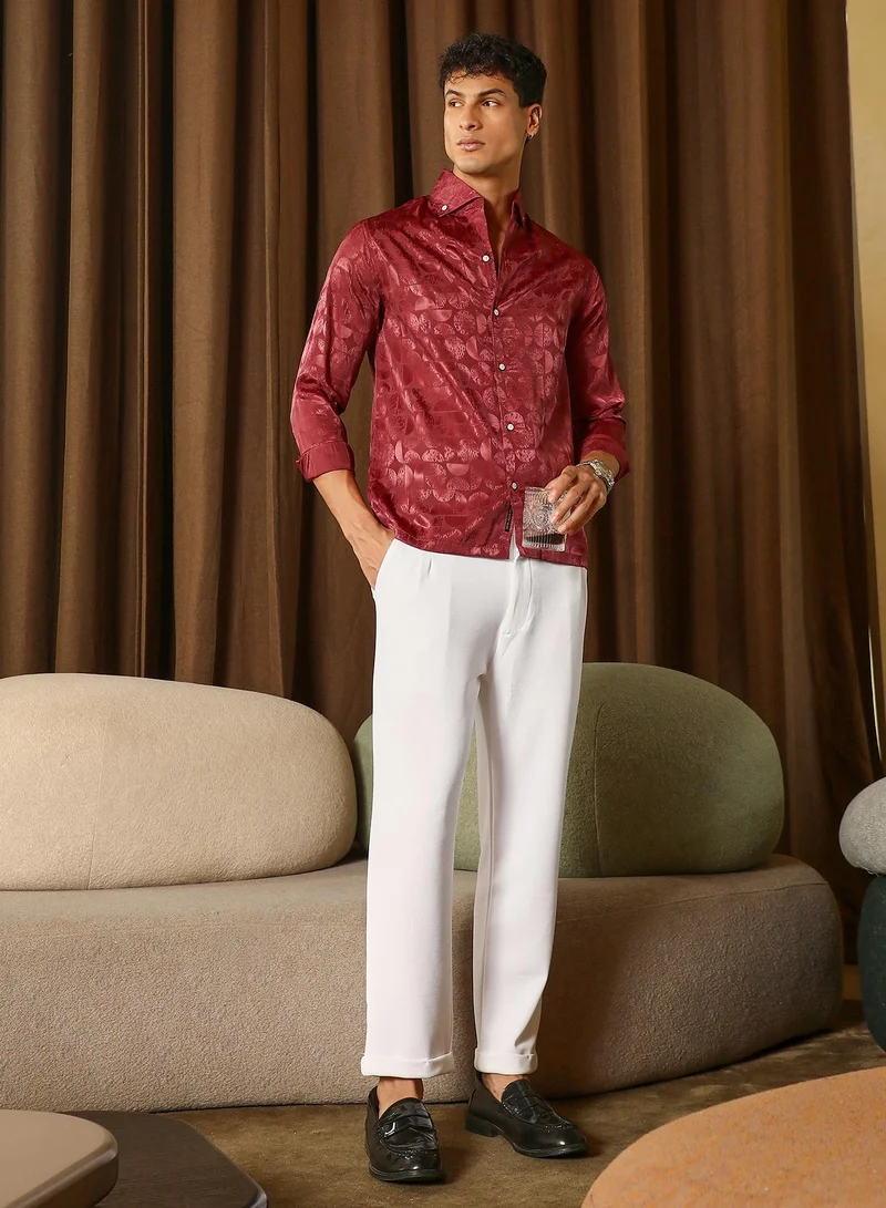 CAHOOT  Men's Wine Red Semicurve-Jacquard Satin Shirt for Men | Best Price UAE