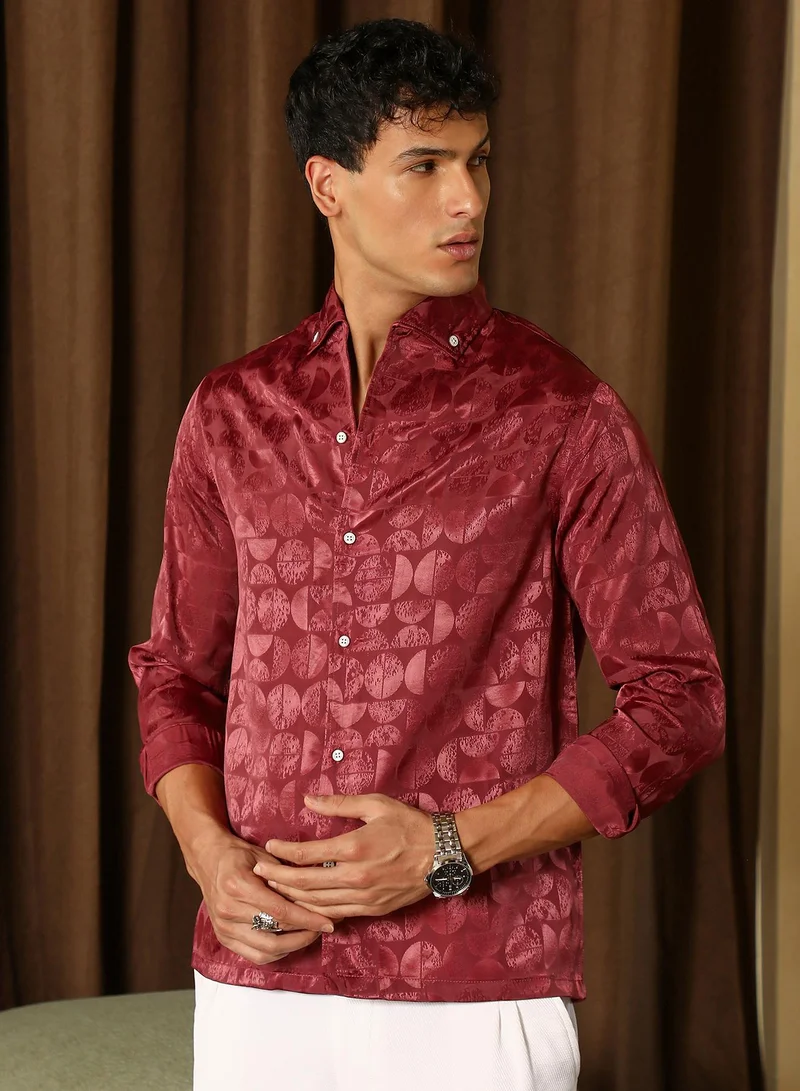 CAHOOT  Men's Wine Red Semicurve-Jacquard Satin Shirt for Men | Best Price UAE