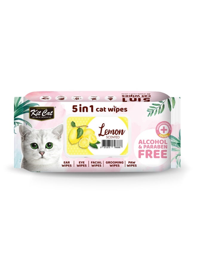 Kit Cat 5-in-1 Lemon Scented Ear Eye Face Grooming Paw Cat Wipes 80sheets 15X20Cm - Image 1