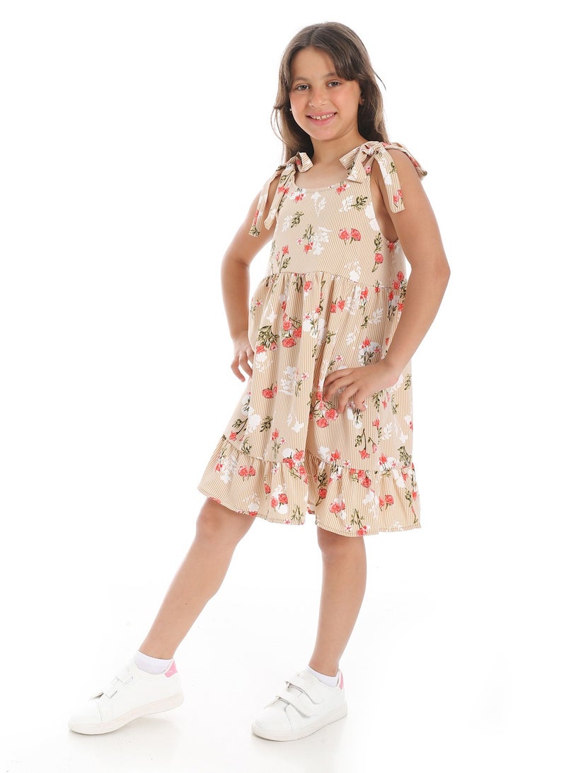 Andora Floral Tie Strap Girls Dress _ Beige, White and Watermelon - Image 2