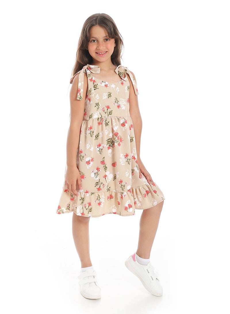 Andora Floral Tie Strap Girls Dress _ Beige, White and Watermelon - Image 3