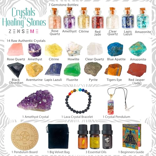ZenseMe Crystals and Healing Stones Set 31Pcs - Healing Crystals & Stones - 14 Real Raw Chakra Rocks, 7 Gemstones Bottles, 3 Essential Oils,Pendant Necklace, Pendulum Board, Amethyst Cluster, Bracelet & Guide - Image 3