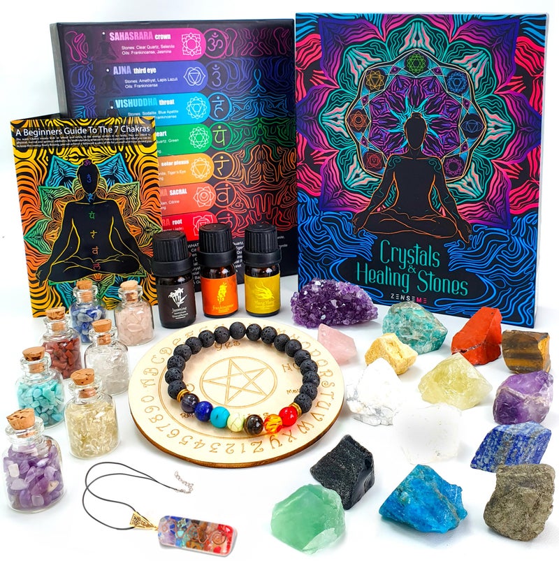 ZenseMe Crystals and Healing Stones Set 31Pcs - Healing Crystals & Stones - 14 Real Raw Chakra Rocks, 7 Gemstones Bottles, 3 Essential Oils,Pendant Necklace, Pendulum Board, Amethyst Cluster, Bracelet & Guide - Image 1