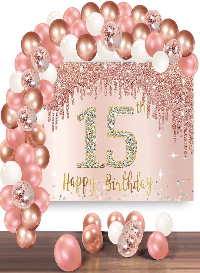 Bumqviy Happy 15th Birthday Banner Backdrop Decorations with Confetti Balloon Garland Arch, Rose Gold 15 Birthday Banner Balloon Set for Girls, Pink 15 Year Old Bday Poster Photo Booth Decor - Image 1