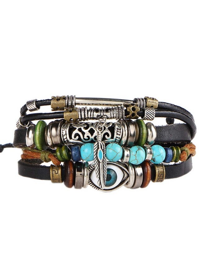 SOSUO Multilayer Leather Bracelet Handmade Beaded Bracelet Blue Eye Bracelet Vintage Hollow Carved Bracelet (Multicolor) - Image 1