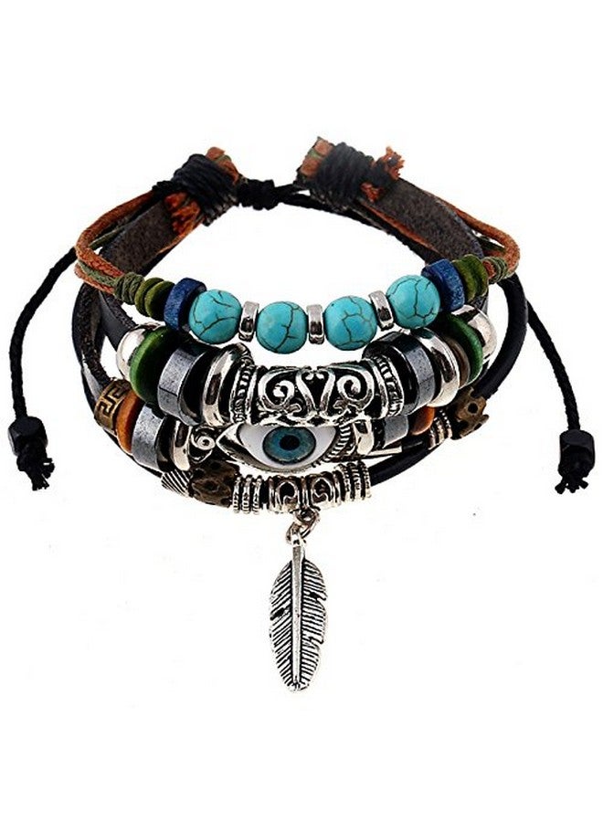 SOSUO Multilayer Leather Bracelet Handmade Beaded Bracelet Blue Eye Bracelet Vintage Hollow Carved Bracelet (Multicolor) - Image 2