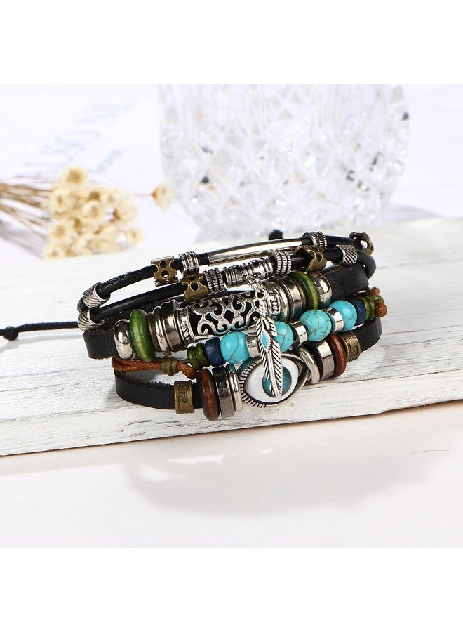 SOSUO Multilayer Leather Bracelet Handmade Beaded Bracelet Blue Eye Bracelet Vintage Hollow Carved Bracelet (Multicolor) - Image 4