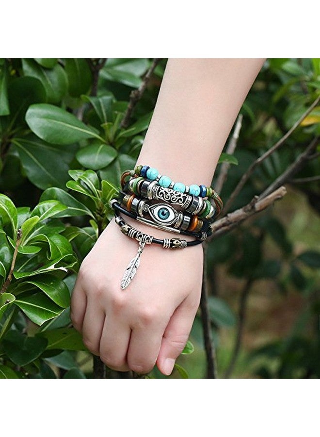 SOSUO Multilayer Leather Bracelet Handmade Beaded Bracelet Blue Eye Bracelet Vintage Hollow Carved Bracelet (Multicolor) - Image 3