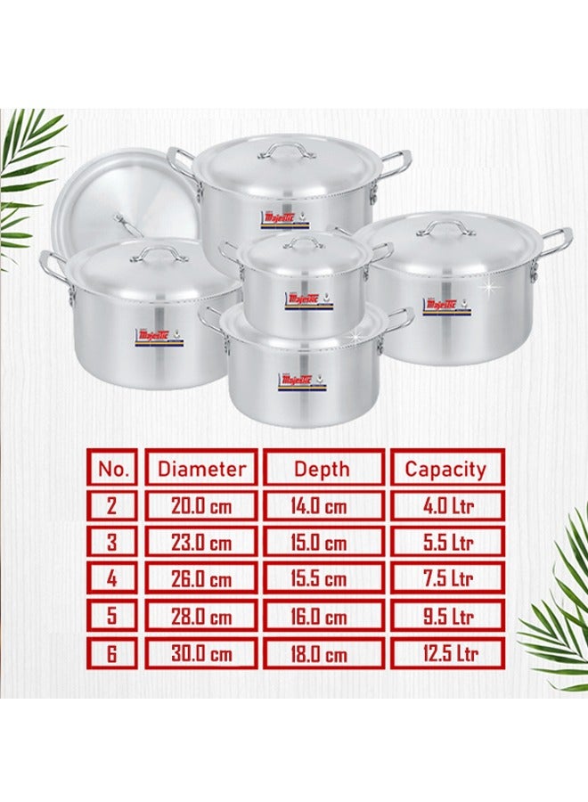 Majestic HOM 2x6 Aluminium Cookware Set – 5 Pcs Cooking & Stock Pot Set with Lids, Sizes 20-30 cm (4-12.5 Ltr), High-Grade Aluminium, Shiny Metal Finish, Dishwasher Safe,Durable Construction - Image 4